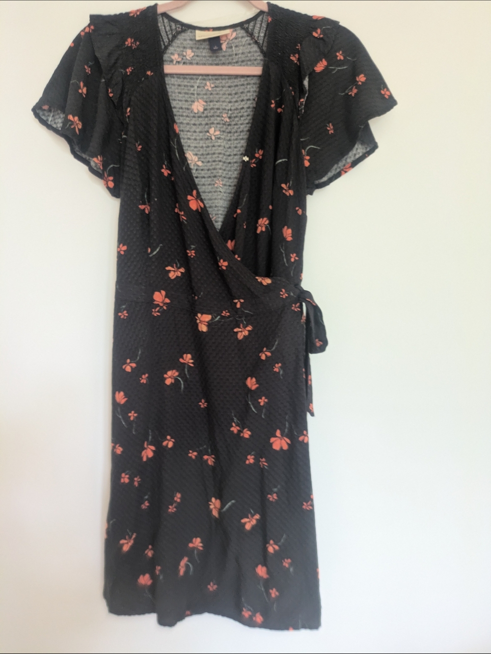 Black Floral Wrap Dress with Pink Accents